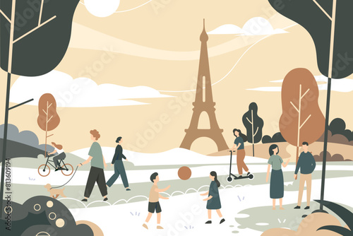 Vector illustration of different people walking in the park with Eiffel Tower in the background. Children and adults actively spend their free time outside. Outdoor games, cycling and scooter riding.