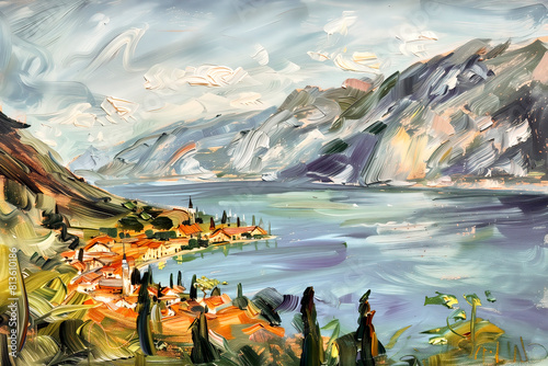 Vibrant coastal village digital oil painting