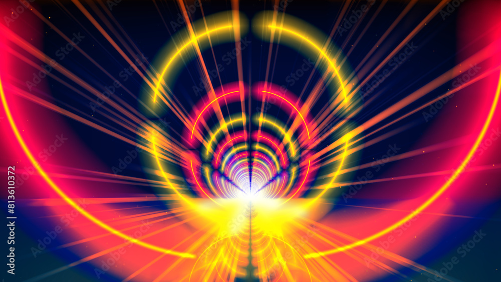 Flight movement through arcade of glowing neon tunnel, corridor, circle. Abstract geometric background, flying in cyberspace. Red yellow gold neon arch, perspective. Bright golden glow. Design element Flight movement through arcade of glowing neon tunnel, corridor, circle. Abstract geometric background, flying in cyberspace. Red yellow gold neon arch, perspective. Bright golden glow. Design element