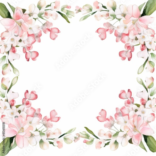 bouvardia themed frame or border for photos and text. clusters of small pink and white flowers. watercolor illustration  flowers frame  botanical border  Wedding bouquet in a frame for the design.