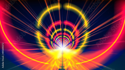 Flight movement through arcade of glowing neon tunnel, corridor, circle. Abstract geometric background, flying in cyberspace. Red yellow gold neon arch, perspective. Bright golden glow. Design element
