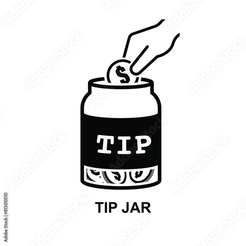 Tip jar icon. Hand dropping a coin into jar isolated on background vector illustration.