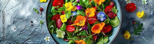 A close-up top view of a colorful salad bowl with edible flowers, the fresh ingredients vibrant and inviting, set against a muted, contemporary background, providing a wide, panora photo