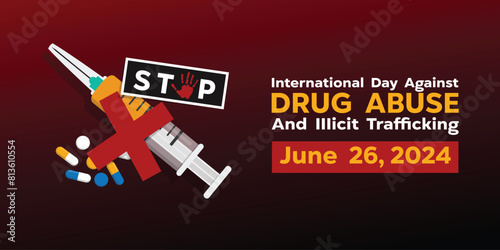 International Day Against Drug Abuse. Drugs, syringes, x signs and more. Great for cards, banners, posters, social media and more. Red background. 
