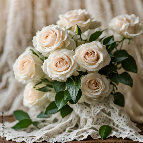 Experience the serene beauty captured in this stock photo featuring a stunning bouquet of pristine white roses gracefully arranged on a crisp white cloth.