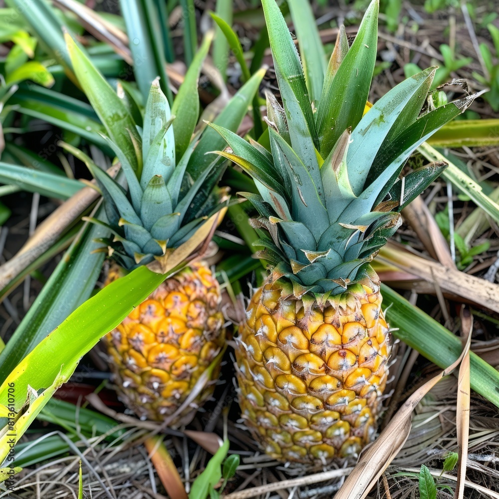 Golden pineapples growing on the ground, surrounded by spiky leaves. Golden pineapples growing on the ground, surrounded by spiky leaves.