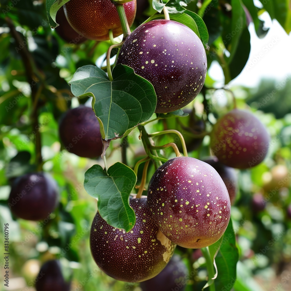 Passion fruit vines with hanging fruits, showing the unique spherical ...