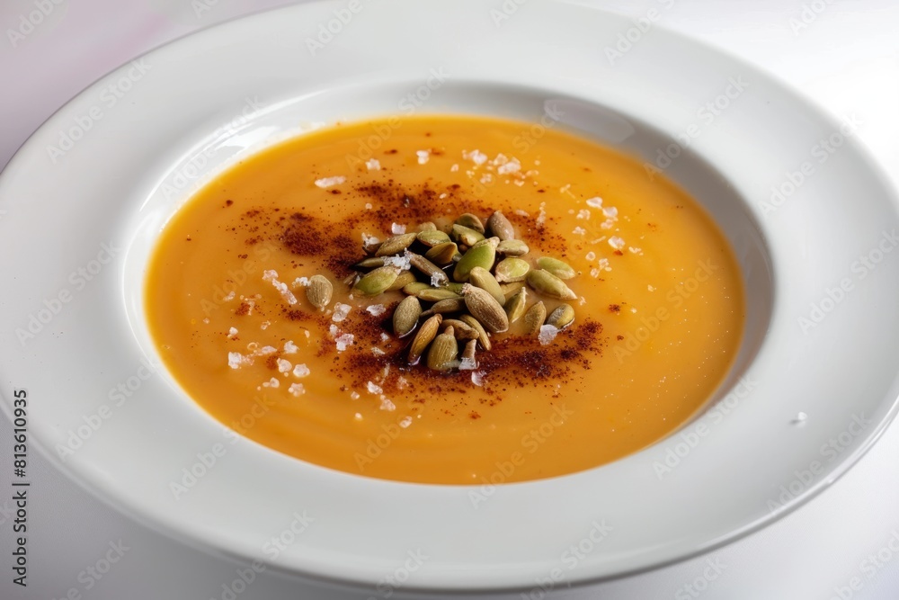 Ancho-Butternut Squash Soup in White Bowl with Cayenne Ancho-Butternut Squash Soup in White Bowl with Cayenne