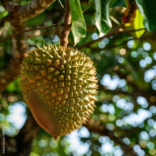 Durian hanging from a durian tree  with focus on its formidable spiky shell.