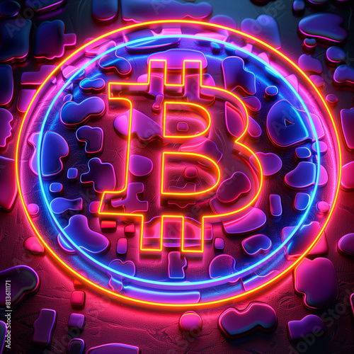 sign of crypto currency with bitcoin symbol on colored background.