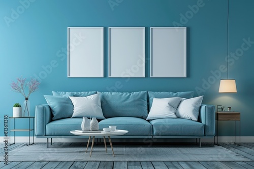 A blue living room with a couch  coffee table  and three white framed pictures