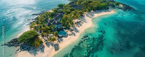 Aerial drone view of 5 star resort Shangri - La Le Touessrok with sandy beach, white villas and pool, Ilot Lievres, Flacq, Mauritius. photo