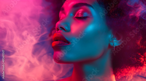 A captivating portrait of a woman enveloped in ethereal smoke, with her features lit in contrasting cool blues and vibrant pinks, creating a surreal and striking visual effect