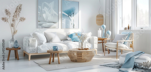 Scandinavian living room with a simple yet elegant design  featuring white walls  light wood  and soft blue accents.