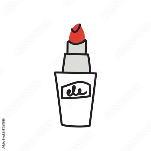 Lipstick icon, female cosmetics doodle, vector illustration of make-up product, red lip gloss, hand drawn object for fashion and beauty, flat cartoon tube, isolated colored clipart