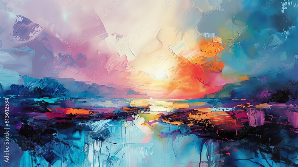 emotional landscapes in abstract style featuring a rocky outcrop on the left, a serene lake in the center, and a distant mountain range on the right