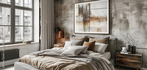 Scandinavian loft bedroom featuring a statement art piece above the bed, and simple yet stylish furnishings.