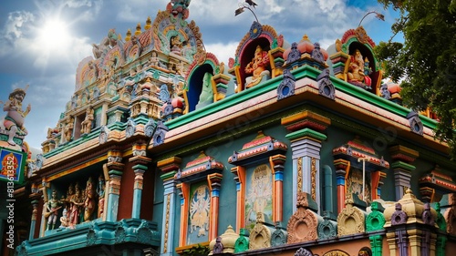 Foto Exterior design of Pondicherry India Hindu temple in full colors and vibrance wi