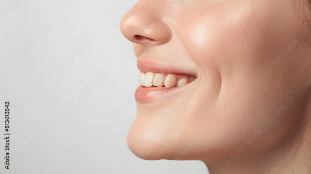 Obraz premium Close-up of smiling woman teeth side shot isolated on white background. Dental advertising