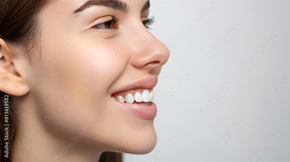 Close-up of smiling woman teeth side shot isolated on white background. Dental advertising Close-up of smiling woman teeth side shot isolated on white background. Dental advertising
