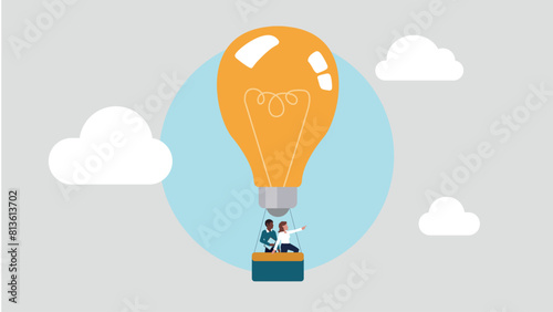 Adobe Illustrator ArtworkVektor-Illustration eines Heissluftballons in Form einer Glühbirne. Dieser steht für eine hervorragende Idee, daher blicken die Menschen an Bord erwartungsvoll nach vorne photo