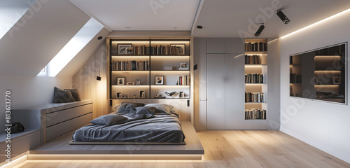 Scandinavian loft bedroom with a sleek design, featuring a built-in bookshelf and clean lines.