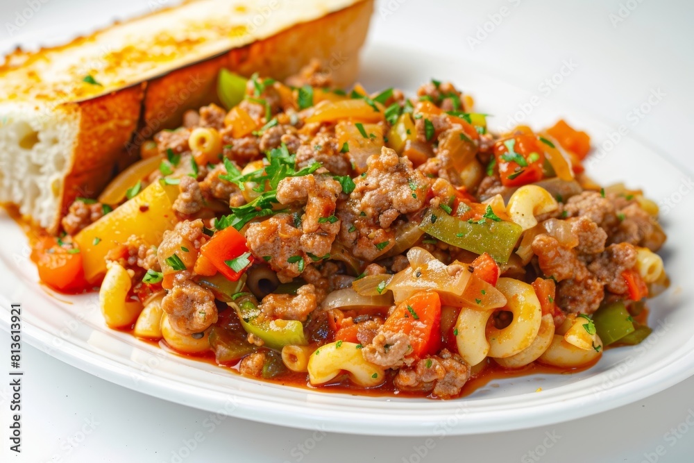 Artfully Composed American Chop Suey on Beautiful White Porcelain Plate Artfully Composed American Chop Suey on Beautiful White Porcelain Plate