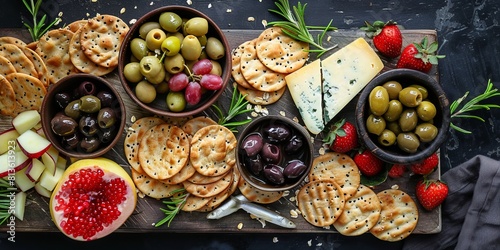Oatcakes with cheese, fruit, sardines and olives. photo