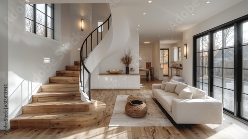 A staircase with white walls and wooden steps showing the contrast between light wood and dark brown materials. The staircase is made of natural oak parquet with black metal railings.