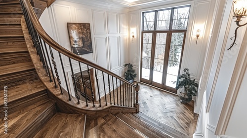 A staircase with white walls and wooden steps showing the contrast between light wood and dark brown materials. The staircase is made of natural oak parquet with black metal railings.