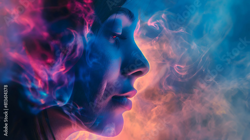 A profile portrait of a woman surrounded by mystical blue and pink smoke  creating a serene and surreal atmosphere.