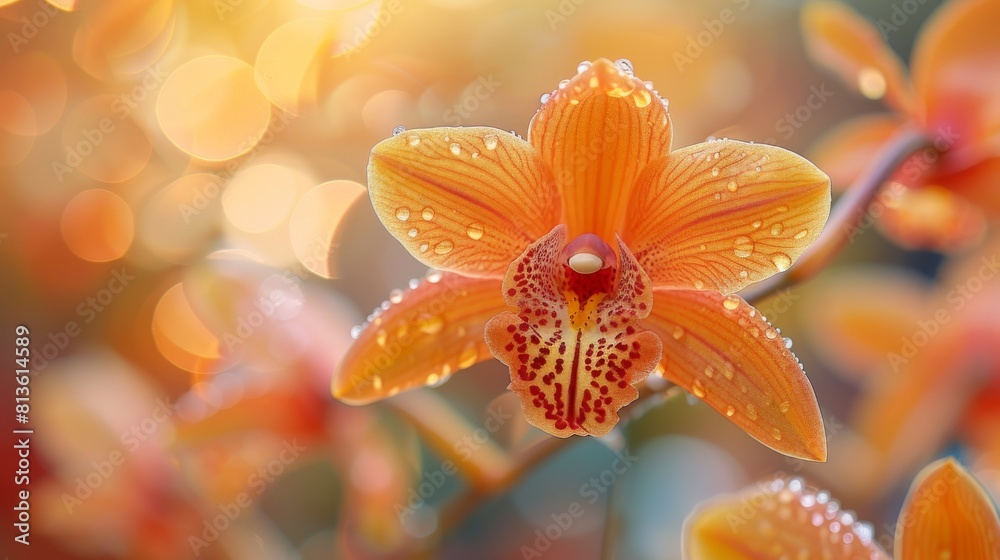 A close up of a single orange flower with dew drops on it A close up of a single orange flower with dew drops on it