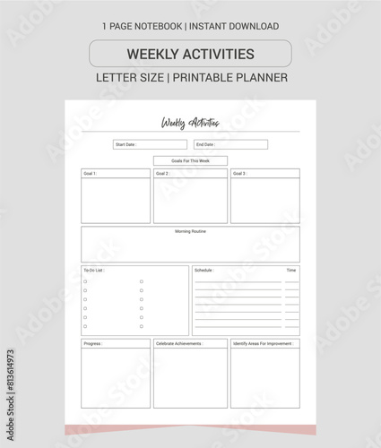 Weekly Activities Planner Notes | Weekly Activities Planner Notebook |Weekly Activities Planner Workbook | Weekly Activities Planner Log Book | Notebook Printable Planner | Letter Size