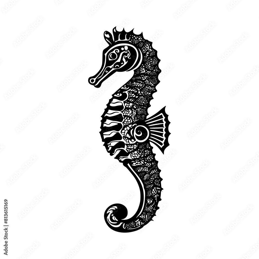 Fototapeta premium Vector illustration of a black and white painted seahorse on a white background
