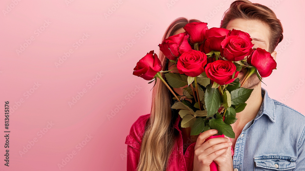partial view of man with bouquet of red roses closing woman eyes to make surprise in bedroom partial view of man with bouquet of red roses closing woman eyes to make surprise in bedroom