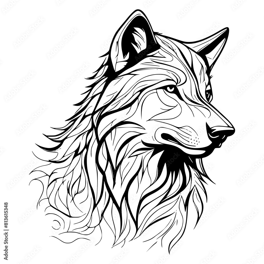Detailed and vivid illustration of a wolf against a stark white background Detailed and vivid illustration of a wolf against a stark white background