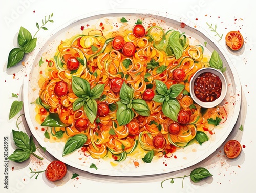 A plate of pasta with tomatoes and basil. photo