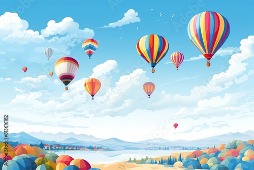 Hot air balloons flying over the mountains.