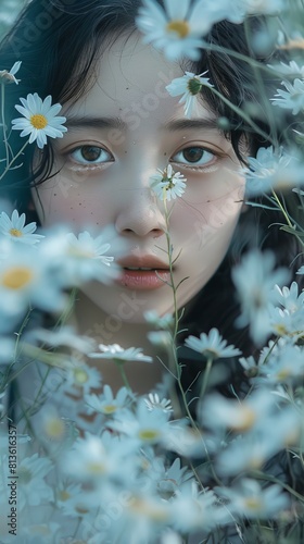 abstract conceptual portrait of asian girl in field of daisies behind mirror