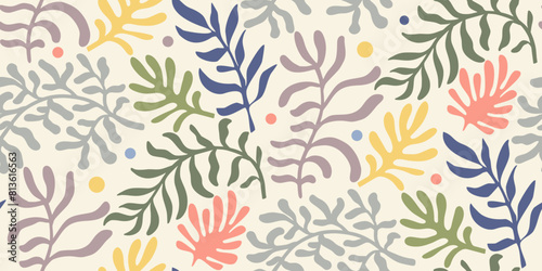 Vector summer seamless pattern with natural elements  flowers  leaves in modern trendy style.