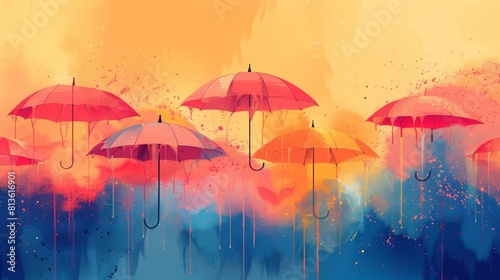 Surreal landscape of red umbrellas amidst an orange misty backdrop signifying a Monsoon Sale with watercolor splashes