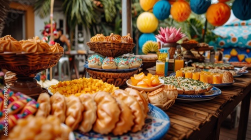Colorful festive table spread with assorted desserts and fruits  vibrant party decoration in a tropical setting