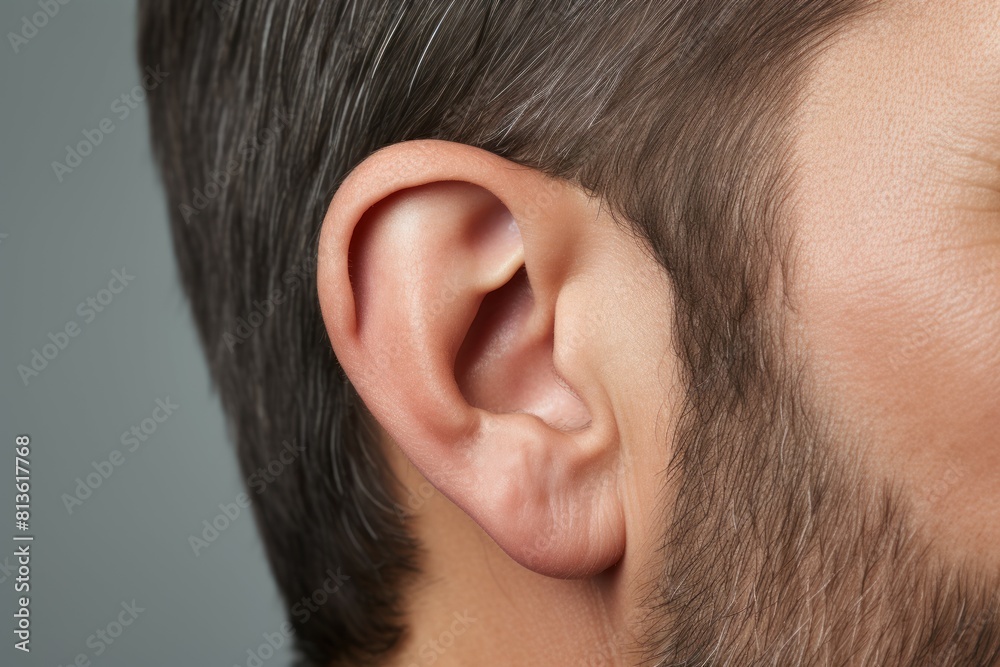 Fototapeta premium Determined Man hearing problem closeup. Human damage acoustic. Generate Ai