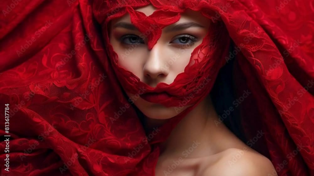 Woman with Blue Eyes Concealed by Red Lace Mask Woman with Blue Eyes Concealed by Red Lace Mask