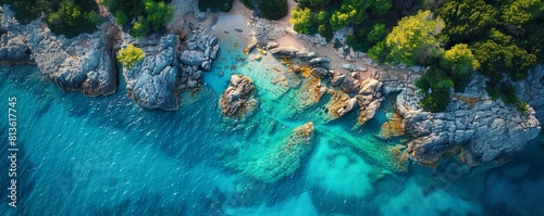 Aerial view of crystal clear water along the coastline with rocky seabed on Veliki Brijun Island  Brijuni National Park  Istria  Croatia.