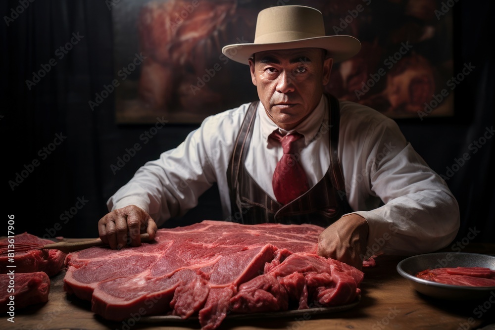 Man in a fedora and apron cutting fresh steak on a dark, rustic backdrop Man in a fedora and apron cutting fresh steak on a dark, rustic backdrop