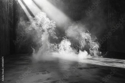 Concrete flooring and light-colored smoke against darkness. Generative Ai