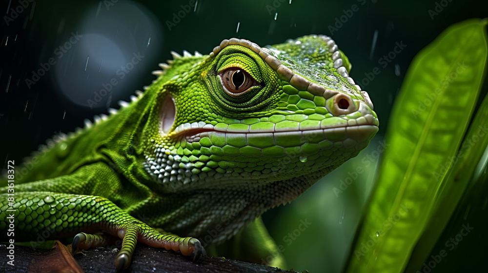 Obraz premium Green lizard resting on a branch