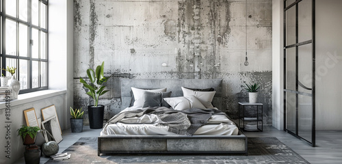Scandinavian loft bedroom with an industrial edge, featuring a concrete wall, metal bed frame, and minimalist decor.