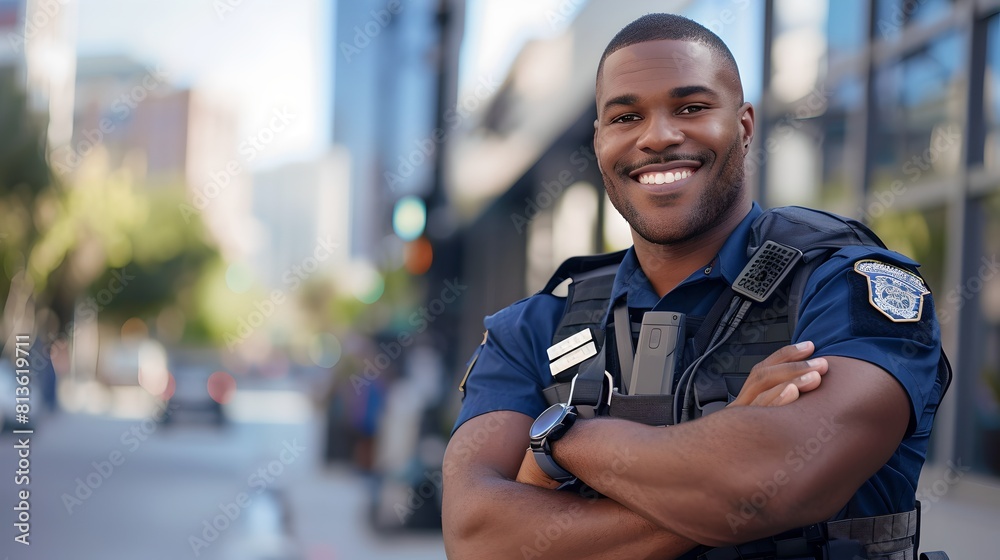 Smiling policeman on duty in a bustling city. Professional in uniform, ensuring public safety. Urban law enforcement, positive image of authority. AI Smiling policeman on duty in a bustling city. Professional in uniform, ensuring public safety. Urban law enforcement, positive image of authority. AI